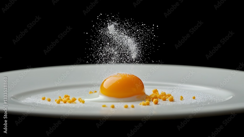 Poster and mesmerizing shot of an egg cracking in slow motion with the yolk cascading gracefully onto a pri
