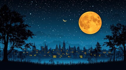 Naklejka premium Moonlit Night Over a Serene Cityscape with Stars and Silhouetted Trees