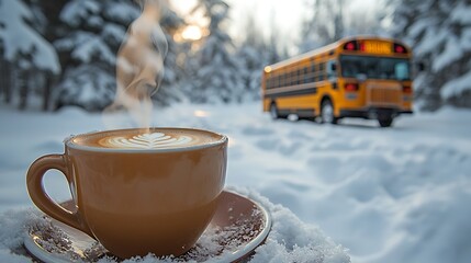 Winter Coffee Break for School Bus, Snow.