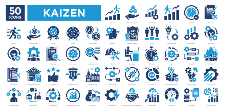 Kaizen icons collection set for continuous improvement,efficiency,quality management,innovation,and business strategy. Perfect for presentations, infographics, and professional materials.