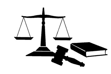 The Scales Of Justice, A Gavel, And A Law Book Symbolize The Pursuit Of Fairness And Legal Proceedings In A Bold Black And White Illustration Isolated on Transparent Background