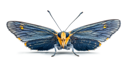 A blue butterfly with yellow spots on its wings