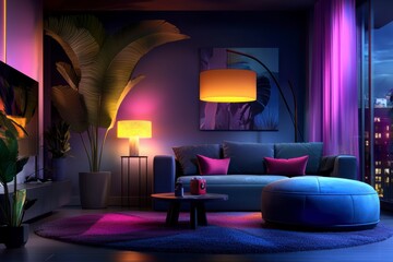 Experience the future of living with IoT-enabled smart home systems seamlessly integrated with AI assistants in a modern urban apartment This stunning living room showcases intelligent lighting