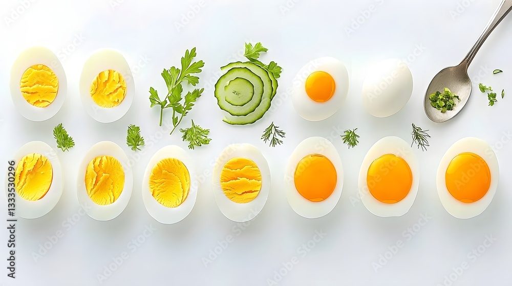 Poster a visually striking display of eggs cooked to different levels of doneness expertly arranged to show