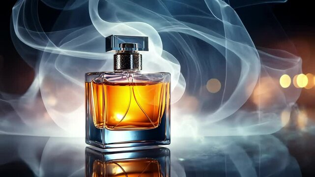 Elegant perfume bottle with amber liquid surrounded by swirling smoke and bokeh lights  
