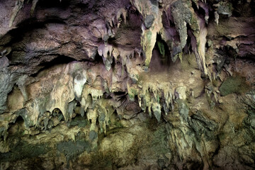 This image showcases a detailed view of stunning stalactites hanging from the rocky ceiling of an ancient cave, evoking a sense of wonder and exploration.