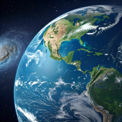 Fototapeta premium Earth from space, with vivid blue oceans, swirling white clouds, and detailed landmasses.