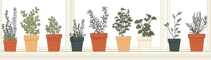 Obraz premium Herbs in pots on a windowsill, sunlight through the window. Kitchen decor