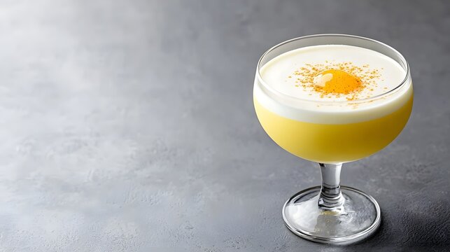 Frothy creamy egg based cocktail served in a sleek sophisticated glass and beautifully garnished for a premium indulgent drinking experience