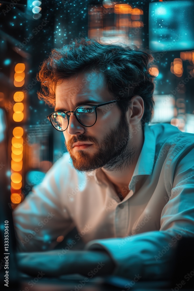 Poster a focused young man it evangelist with glasses, deep in thought while working on a laptop. the backg