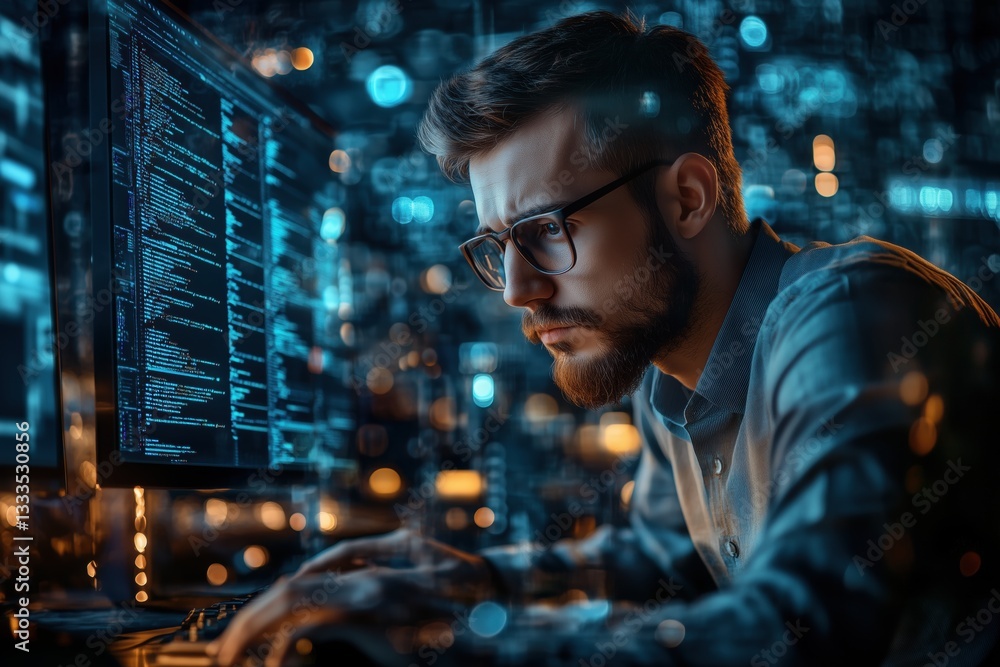 Fototapete a focused young man it evangelist with glasses working on a computer, surrounded by digital data and