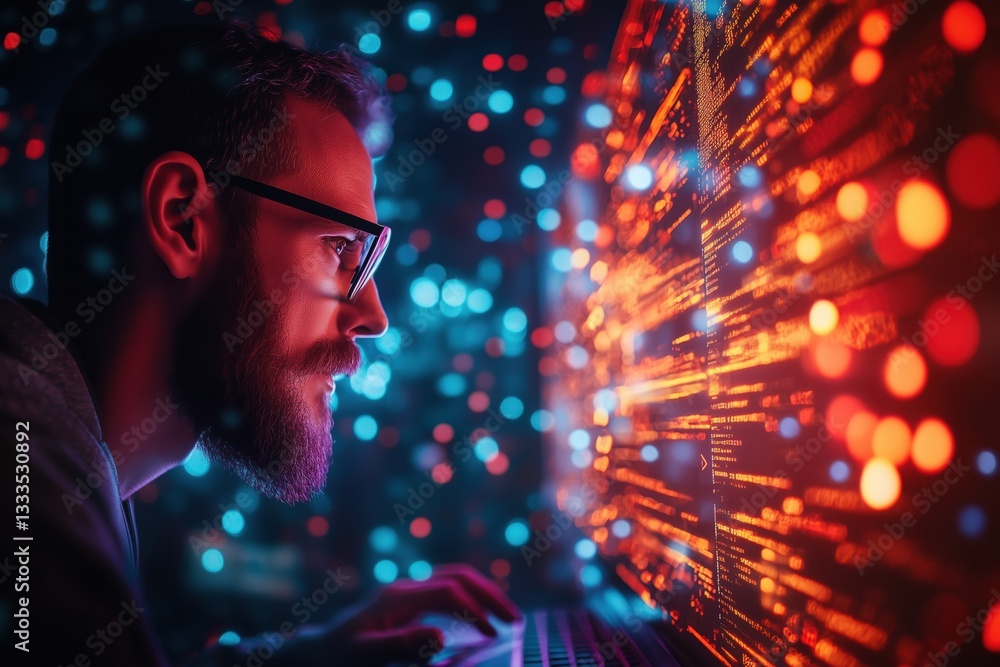 Poster a focused man it evangelist with glasses working on a laptop, surrounded by colorful digital data st