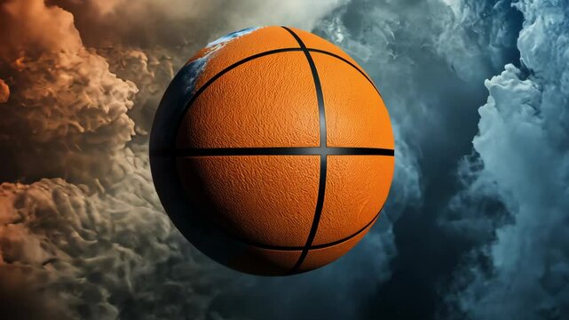 Surreal artwork of a half-basketball, half-Earth sphere floating in space with dramatic clouds  
