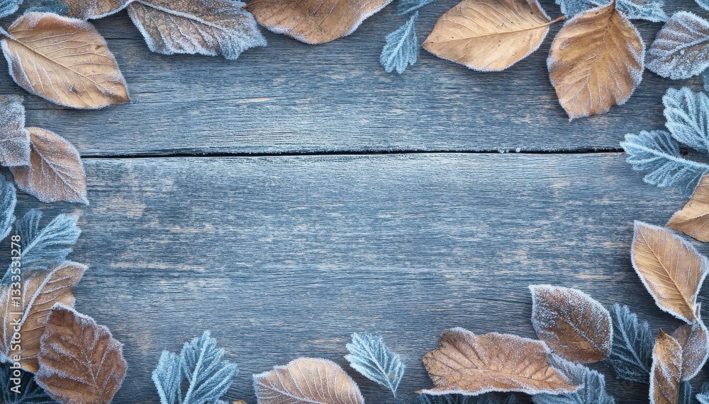 Poster frozen leaves frame on rustic wooden background