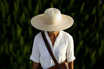 Woman for Straw Hat, Outdoors, Green Background.