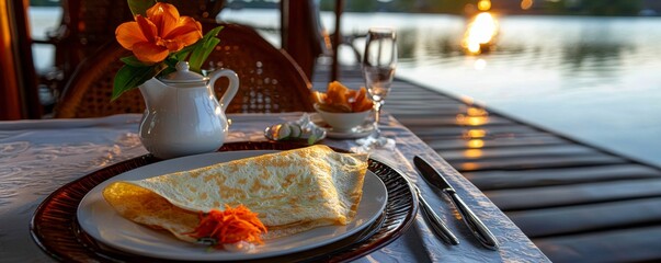 An elegant Thai omelette, a culinary masterpiece, rests gracefully upon a shimmering hot plate The gourmet ingredients, carefully selected, promise a symphony of flavors A touch of Thai inspiration