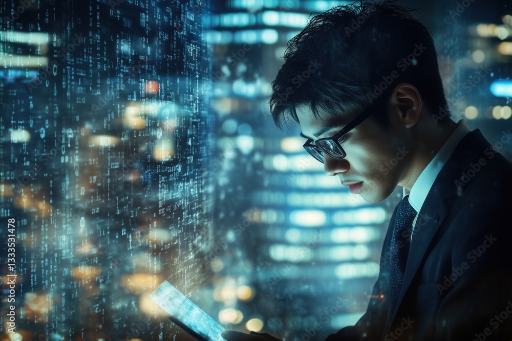 Poster a young it evangelist businessman in a suit and glasses is focused on a digital tablet, surrounded b