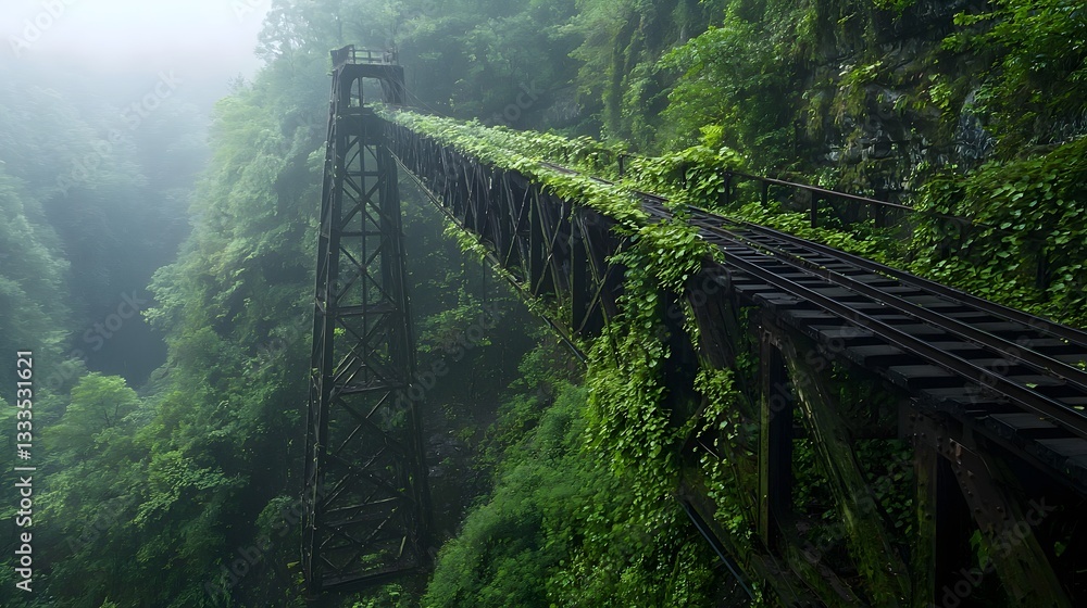 Poster lush green pedestrian bridge blending seamlessly with natural landscape the structure is covered in 