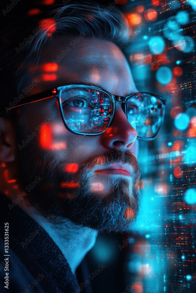Poster a close-up portrait of a it evangelist man with glasses, illuminated by vibrant blue and red digital