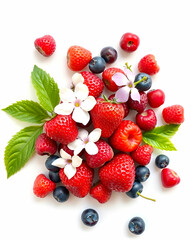 Obraz premium Fresh berries and flowers arranged on a white background.