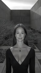 Woman Posing Modern Courtyard.