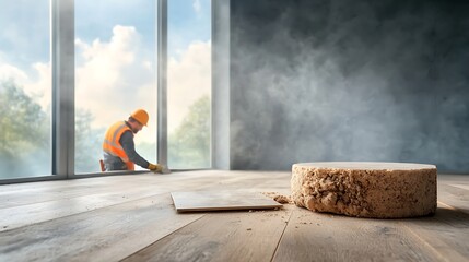 Worker installing floor for modern office.