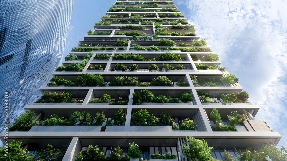 Poster innovative futuristic high rise architecture capturing and purifying air while generating renewable 