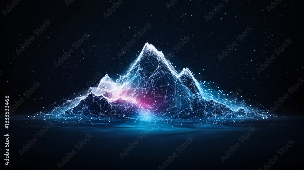 Poster a surreal double exposure where an analog photo of a mountain range dissolves into a digital cosmic 