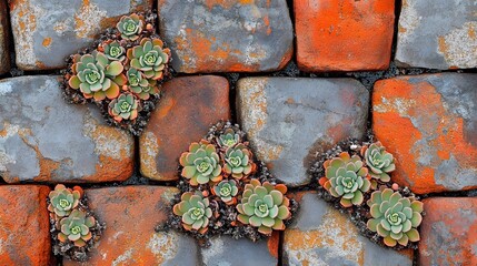 Succulents Growing in Rustic Brick Wall Texture