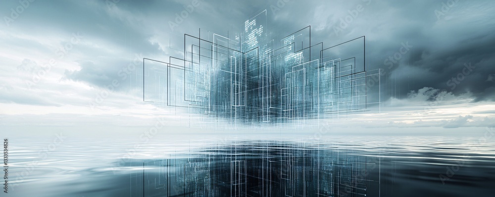 Poster a natural ocean scene where water transforms into an abstract matrix of digital data streams, hybrid