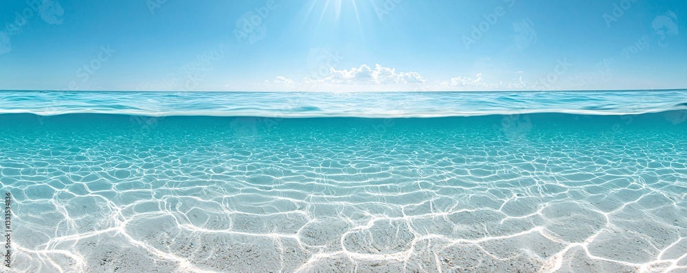 Poster a natural ocean scene where water transforms into an abstract matrix of digital data streams, hybrid