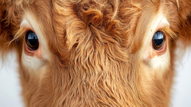 Highland cow showing long eyelashes and brown fur