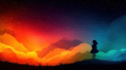 Silhouette of a Girl in a Dress Against a Colorful Starry Night Sky with Abstract Clouds