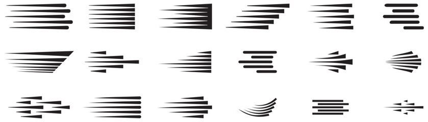 Speed lines vector icon set, Speed and fast action symbol, Fast motion effect. Vector design elements isolated on light background.