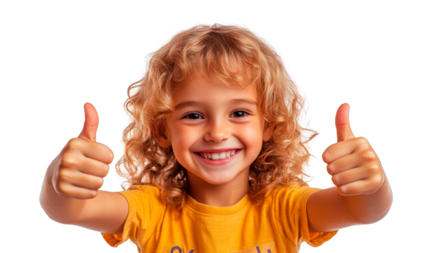 Child gives double thumbs up in joyful expression isolated on transparent background