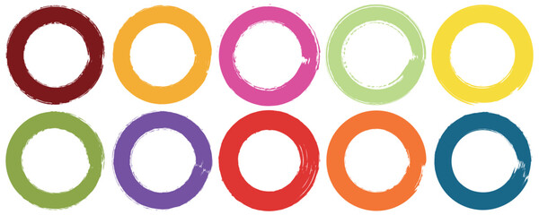 Set of grunge circles colorful shape, Vector brush circle. Grunge round shape. Round brush painted circle brush stamps. Vector illustration,