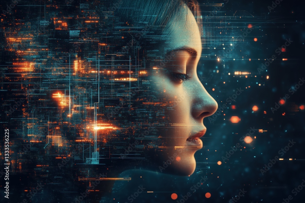 Poster a digital art piece featuring a profile of a woman's face, surrounded by abstract glowing lines and 