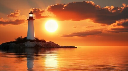 Vibrant Orange Sunset Behind White Lighthouse Over Calm Water