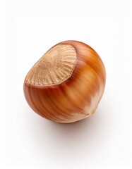 Close-up of a single hazelnut, showcasing its rich brown hues and unique texture against a clean white backdrop.