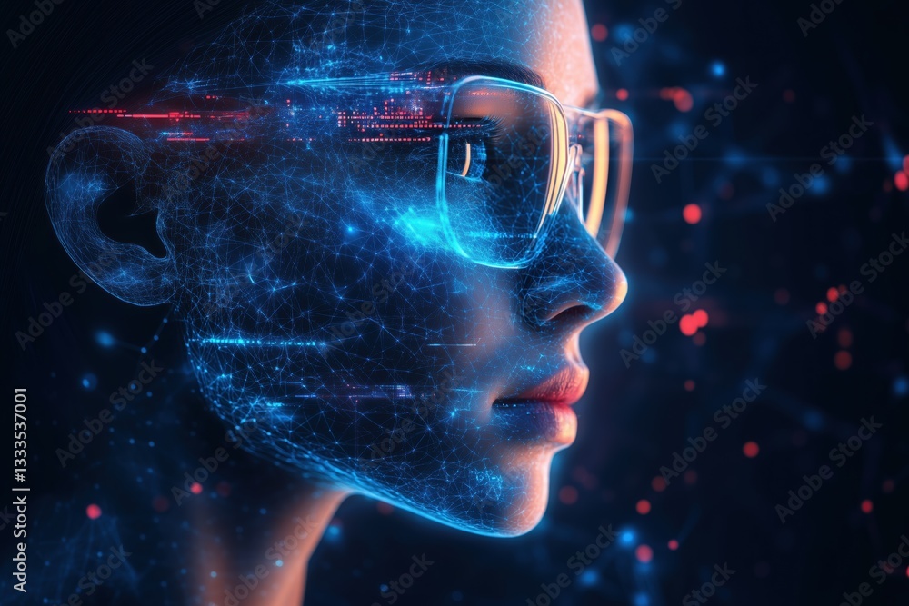 Poster nlp developer. a futuristic digital portrait of a woman with glasses, featuring a network of glowing