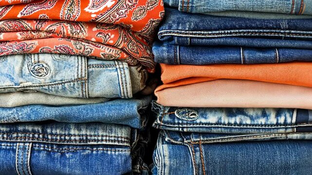 Vibrant denim and fabric neatly stacked in a cozy setting showcasing various styles and textures