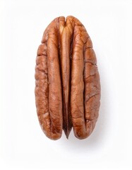 Close-up of a single pecan nut, showcasing its rich brown color and intricate texture against a clean white background.