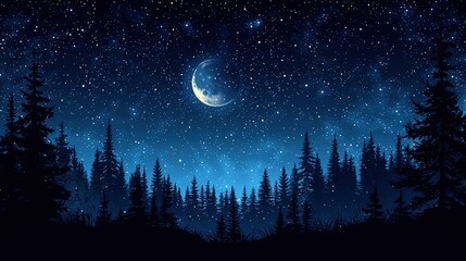 Fototapeta premium Serene Night Landscape with Bright Stars and Crescent Moon Over Dark Forest Silhouette