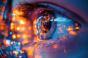 A close-up of a human eye reflecting vibrant city lights and digital patterns, showcasing a blend of technology and nature. Optical Components and Instruments Inspector.