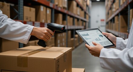Person in lab coat scans box in warehouse with tablet.