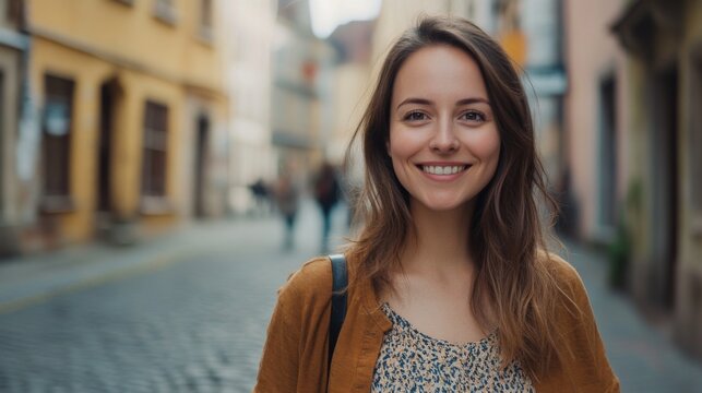 Smiling Woman Walking Down A City Street