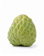 Fototapeta premium A single cherimoya fruit, light green in color with a unique textured surface, sits against a stark white background. The fruit's natural beauty is highlighted by the simple setting.