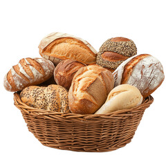 Bundles of Different Types of Bread in a Basket on Transparent Background