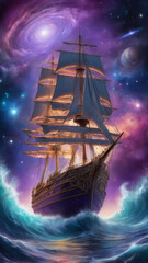 Fototapeta premium Journey through a surreal universe on a glowing ship, surrounded by swirling galaxies and constellations