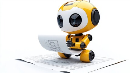 Cute Robot Character Studying Architectural Blueprint on a White Background